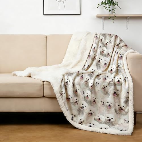 BlessLiving Bichon Frise Blanket 108x90 Inches - Ultra Soft Reversible Sherpa & Fleece Throw, Large Plush Cozy Blanket for Couch Bed Sofa, Gift for Dog Lovers Women Men - color: Bichon Frise, size: King, 108x 90 Inches