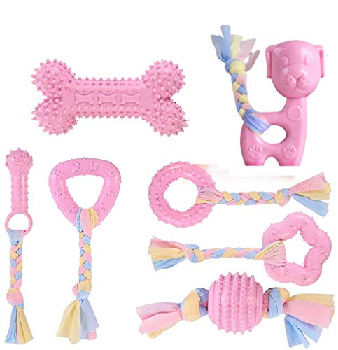 Dog Chew Toys, 7pcs Dog Puppies Teething Chewing Toy Set with Ball and Colorful Ropes, Interactive Pet Toys for Small and Medium Dogs (Pink) - color: Pink