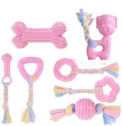 Dog Chew Toys, 7pcs Dog Puppies Teething Chewing Toy Set with Ball and Colorful Ropes, Interactive Pet Toys for Small and Medium Dogs (Pink) - color: Pink