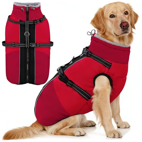 AOFITEE Dog Coat for Large Dogs, Waterproof Dog Winter Jacket with Built in Harness, Warm Turtleneck Cold Weather Coats Large, Reflective Fleece Lined Snow Jacket for French Bulldog, Boston Terrier, L - color: Red, size: Large