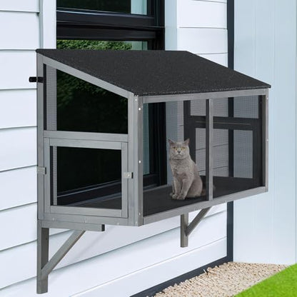Bug Proof Cat Catio, Window Cat House with Metal Mesh, Outdoor Enclosure for Indoor Pets, Expandable Wooden Perch, Safe Comfortable Haven for Pets, Keep Bugs Insects Out