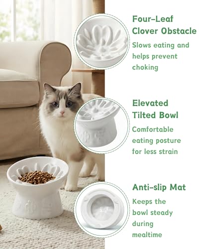 Ceramic Slow Feeder Cat Bowl, 15° Tilted Elevated Cat Slow Eating Bowl for Neck Protection, Anti Vomiting Dog Slow Feeder, Whisker Friendly & No Black Chin for Cats and Small Dogs, White - color: 01-White