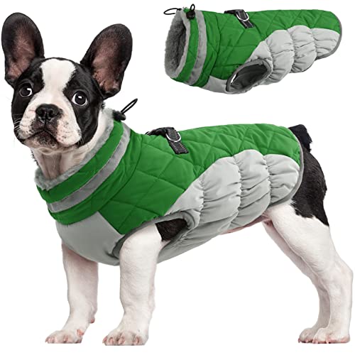 FUAMEY Dog Coat for Small Dogs,Waterproof Dog Winter Jacket with Harness Built in Puppy Cold Weather Coats Reflective Pet Vest with Zipper Warm Fleece Dogs Snowsuit Windproof Green XS - color: Green, size: XS(chest:14in)
