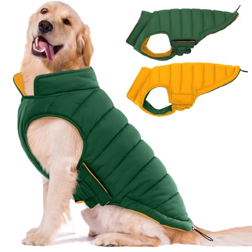 Lelepet Reversible Dog Coat Waterproof Dog Jacket Windproof Puffer Vest for Winter Warm Lightweight Coats for Medium Dogs Adjustbale Hook & Loop Pet Apparel with Leash Hole, French Bulldog, Green L - color: Green, size: L