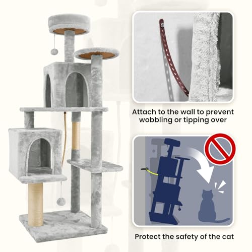 58.5inch Large Cat Tree Tower Condo for Indoor Cats, Soft Plush Multi-Level Climbing Tree Cat House, Scratching Post, More Entrance/Exit, Sisal Rope, Light Grey - color: Light Grey