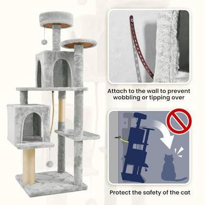 58.5inch Large Cat Tree Tower Condo for Indoor Cats, Soft Plush Multi-Level Climbing Tree Cat House, Scratching Post, More Entrance/Exit, Sisal Rope, Light Grey - color: Light Grey