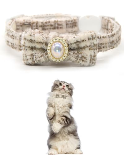 GoldTiger Cat Collar with Bow Tie, Cute Pearl Cat Collar with Breakaway, Suitable for Medium to Small Cats, Adjustable Size 7.87~11.81 Inches (Brown) - color: Brown