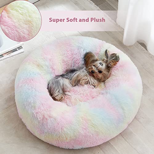 WNPETHOME Calming Dog Bed Cat Bed Donut, Faux Fur Pet Bed Self-Warming Donut Cuddler, Comfortable Round Plush Dog Beds (24 x 24 x 8 Inch, Rainbow) - color: Rainbow, size: 24"L x 24"W x 8"Th