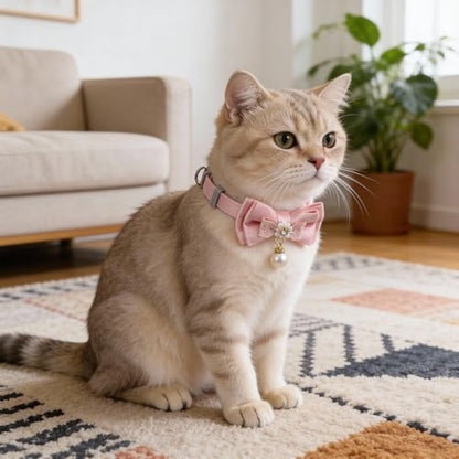 Xinjoduz 2 Pack Pink Cotton Cat Collars for Girl Cats, Cute Pearl Bow Kitten Collar Breakaway Safety Buckle Cats Pet Collars Adjustable from 7.9 to 11.8 Inches