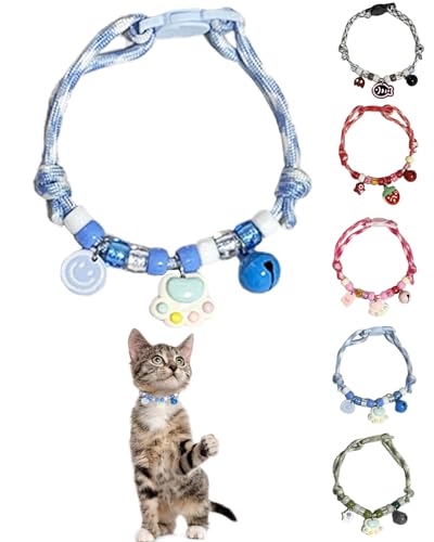 GoldTiger Beaded Cat Collar，Cute Cat Collar with Breakaway and Paw Print Pendant - Adjustable Bracelet Style for Medium to Small Cats, Size 7.87~11.81 Inches - color: blue