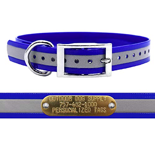Outdoor Dog Supply 1" Heavy Duty Reflective Waterproof D-Ring Dog Collar for Medium & Large Dogs with 3/4" Custom Brass Nameplate (Reflective Dark Blue, 21") - color: Reflective Dark Blue, size: 21" Long