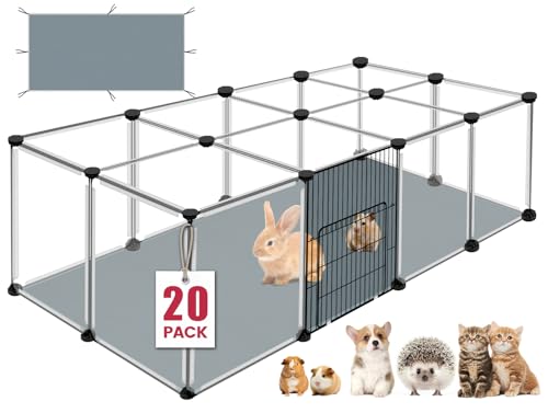20 Panels Small Animals Playpen, 48" x 24" x 16" Transparent Pet Playpen with Waterproof Mat,Portable Plastic Enclosure Cage for Chicken/Guinea Pigs/Bunny/Ferrets/Hamsters/Hedgehogs Indoors Outdoor - color: Transparent, style: 20 Panels- 48"L x 24"W x 16"