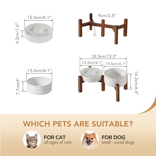 Havniva 0.9 Cup Elevated Slow Feeder Dog Bowls, 6.1” Dog Slow Feeding Bowls + 6.1” Ceramic Dog Water Bowls Set with Acacia Wood Stand, Dog Food Bowls Puzzle Feeder for Small Dogs Non-Slip Anti-choking - color: 2 x White + Stand - A, size: S- 6.1inch / 0.9