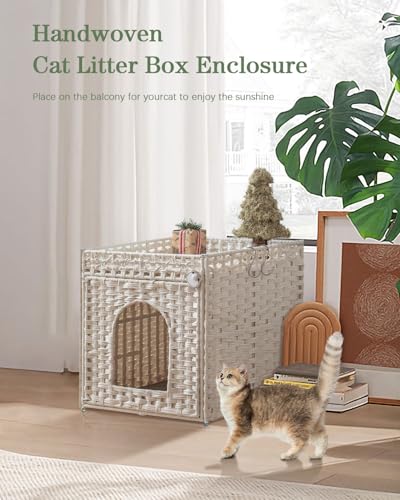 SETVSON Cat Litter Box Enclosure Furniture, Hidden Litter Box with Mat and Fence, Handwoven Rattan Cat House with Two S-Shaped Hooks for Living Room, Bedroom, 18.5 x 20.5 x 19.1 Inches (White - color: White, size: Standard