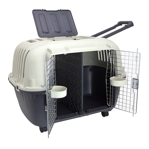 SportPet Airline Compliant 2-Door Large 34.5" Travel Dog Kennel - Durable Plastic Pet Carrier w/Divider, Wheels, & Bowls, Collapsible Indoor/Outdoor Dog Kennel, Dogs up to 28" L & 20" H - Cream/Gray - color: Cream/Gray, size: 34.5"L x 22.0"W x 23.0"H