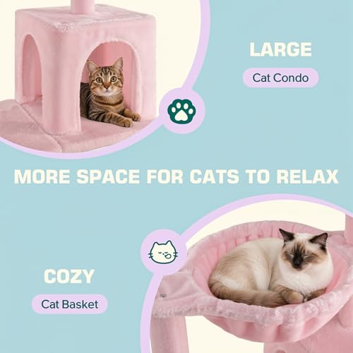 Allewie 29.5in Indoor Cat Tree, Multi-Level Cat Tower with Sisal Scratching Posts, Padded Perch, Basket, Condo, and Hanging Ball, Suitable for Kittens and Adult Felines, Pink - color: Pink