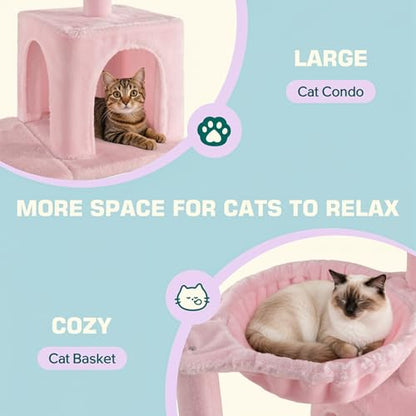 Allewie 29.5in Indoor Cat Tree, Multi-Level Cat Tower with Sisal Scratching Posts, Padded Perch, Basket, Condo, and Hanging Ball, Suitable for Kittens and Adult Felines, Pink - color: Pink