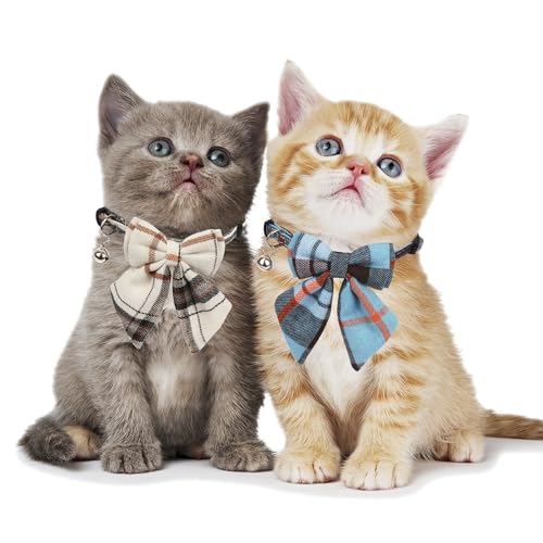 ADOGGYGO Plaid Cat Collars with Removable Bow Tie Bell, 2 Pack Beige Blue Plaid Kitten Bow Collar for Cats Kittens - color: Beige&Blue-2