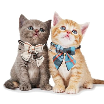 ADOGGYGO Plaid Cat Collars with Removable Bow Tie Bell, 2 Pack Beige Blue Plaid Kitten Bow Collar for Cats Kittens - color: Beige&Blue-2