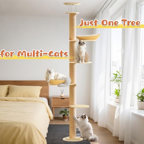 Solid Real Wood Floor to Ceiling Cat Tree, 5 Level Adjustable Height (75"-91"), Modern Climbing Tower with Thickened Wooden Sisal Scratching Posts & Cozy Bed for Indoor Cats Large Adult - size: 5 Level | 75-91 in(up to 7.6ft)