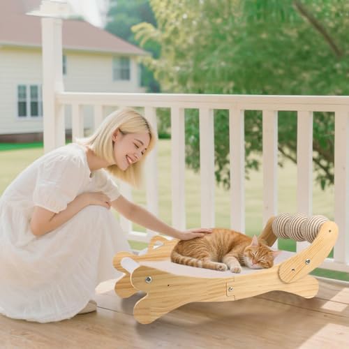 Cat Scratcher Bed, Heavy Duty Sisal Cat Scratching Post with Hammock for Indoor Cats, Natural Wood Cat Lounge for Sleeping & Scratching, Stable Platform for Large Cats, Easy Assembly Cat Furniture