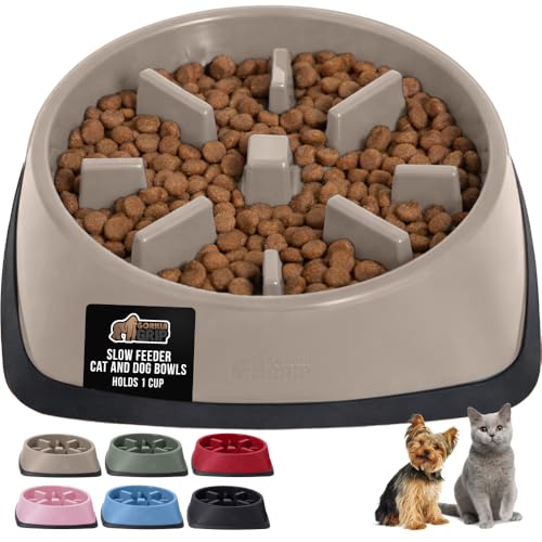GORILLA GRIP® Patented BPA Free Slow Feeder Dog Bowls, Interactive Puzzle Toy for Dogs and Cats Food Training Enrichment, Keeps Pets Busy and Prevents Puppy Overeating, Small Breeds, 1 Cup, Beige - color: Beige, size: 1 Cup