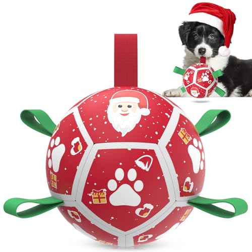 QDAN Small Christmas Dog Toys, Soccer Ball with Straps, Outdoor Interactive Toys for Tug of War, Puppy Birthday Gifts, Water Toy, Durable Dog Balls for Puppy (5 Inch) - color: Christmas 1, size: 5 Inch