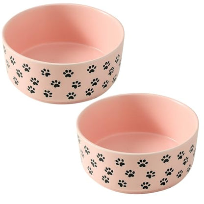 UBEE 6.5 inch Dog Bowls Set of 2, Ceramic Dog Food Water Bowl Dishes with Paw Pattern, Pet Food Water Dish Feeding for Small and Meidum Dogs and Large Cat, Pink - color: Pink-paw, size: 6.5 inch x 2