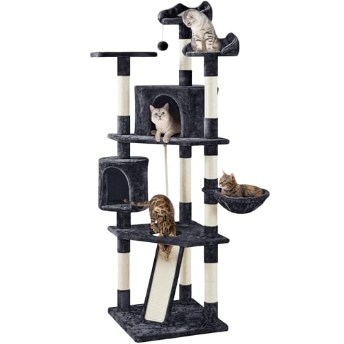 Yaheetech 79 in Cat Tree Tower, Multilevel Cat Trees Plush Covered Cat Tower with 2 Extra Large Condos, Comfy Basket, Sisal Scratching Posts - color: Black