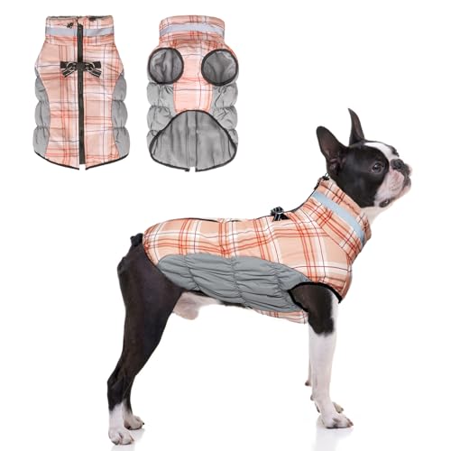 BEAUTYZOO Dog Winter Coat with Harness Built in, Reflective Plaid Puffer Vest Waterproof for Medium Dogs, Fleece Warm Puppy Zipped Jacket with D Ring, Pet Cold Weather Sweater Clothes, Brown M - color: Brown, size: Medium