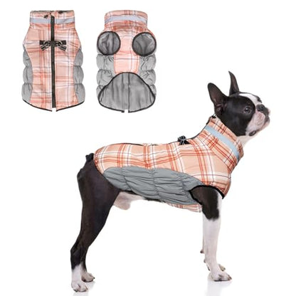 BEAUTYZOO Dog Winter Coat with Harness Built in, Reflective Plaid Puffer Vest Waterproof for Medium Dogs, Fleece Warm Puppy Zipped Jacket with D Ring, Pet Cold Weather Sweater Clothes, Brown M - color: Brown, size: Medium