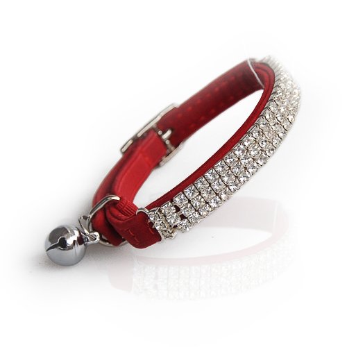 CHUKCHI Soft Velvet Safe Cat Adjustable Collar Bling Diamante with Bells,11 inch for Small Dogs and Cats (Red) - color: Red