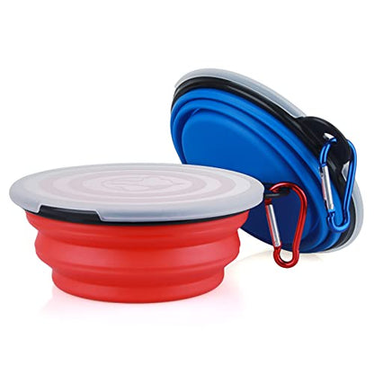Collapsible Dog Bowl,2 Pack Portable and Foldable Pet Travel Bowls Collapsable Dog Water Feeding Bowls Dish for Dogs Cats and Small Animals,with Lids (Small, Blue+Red) - color: Blue+Red
