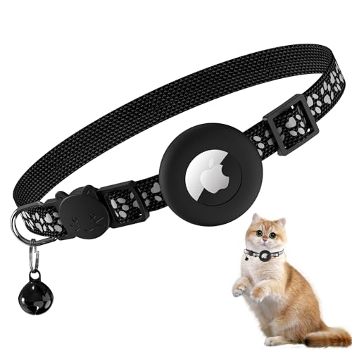 Meliya Airtag Cat Collar Breakaway with Bell, Adjustable Reflective Pet Kitten Collar with Apple Air Tag Holder Case for Girl Boy Cats (Footprints Black) - color: Footprints Black