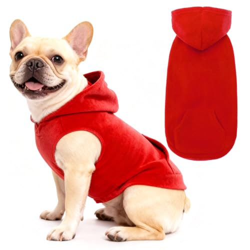 EXPAWLORER Dog Hoodie Fleece Sweater Vest, Hooded Dog Sweatshirt Fall Winter Pet Clothes with Leash Ring, Sleeveless Warm Cozy Puppy Clothing for Cat Small Medium Large Dogs Girl Boy, Red S - color: Red, size: Small