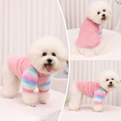 Dog Sweater for Small Winter Warm Fleece Turtleneck Sweatshirt Clothes Boy Girls Pet Pullover with Rainbow Sleeves Cat Apparel Stretchy Outfit(Pink, X-Small) - color: Pink, size: X-Small