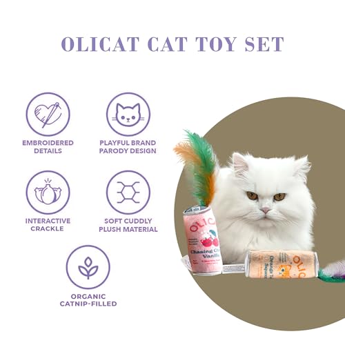 Haute Diggity Kitty Olicat Catnip Toys, Soft Plush Cat Toys Catnip Filled with Interactive Crackle Sound & Feathers, Safe & Durable Toy for Cats & Kitten, 2 Pcs - style: Olicat