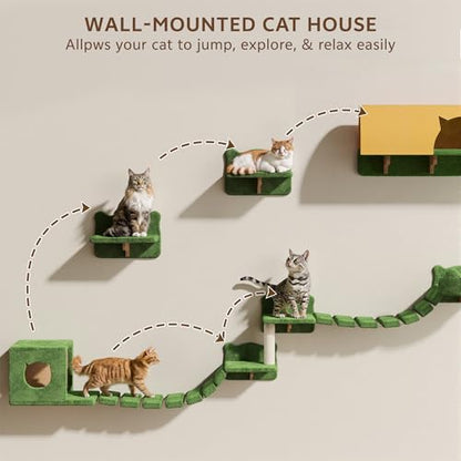 Cat Wall Shelves with Cat Tree, 26-in-1 Wall Mounted Pet Furniture with 40''L Tunnel, Scratching Posts, House, Step and Floating Bridge, Cat Climbing Wall Systems with 63'' Cats Tower, Green - color: Green, size: 26-in-1