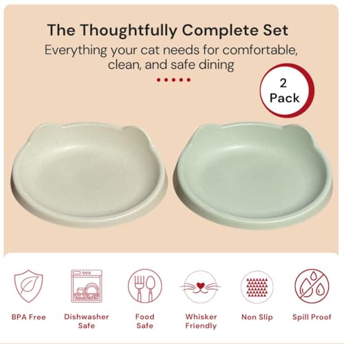 7 Ruby Road Anti Whisker Fatigue Cat Bowls Set of 2 - Wide Shallow Cat Food Bowls for Indoor Cats, Non-Slip Cat Dishes