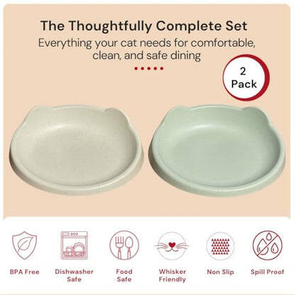 7 Ruby Road Anti Whisker Fatigue Cat Bowls Set of 2 - Wide Shallow Cat Food Bowls for Indoor Cats, Non-Slip Cat Dishes
