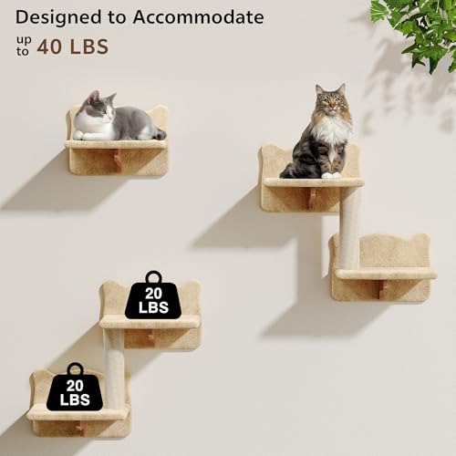 9-in-1 Cat Wall Shelves, Stable & Safe Wall Mounted Cats Shelf Furniture Set with Plush Fabric, Wooden Cat Climbing Wall Systems with Scratching Post, Bridge Ladder, Floor Space-Saving, Beige - color: Beige, size: 9-in-1