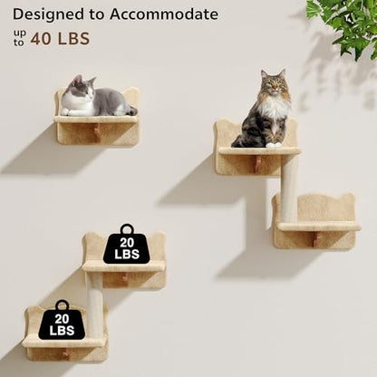 13-in-1 Cat Wall Shelves, Wall Mounted Cats Furniture Set with Plush Fabric, Cat Climbing Wall Systems, Cats Shelf with Moon Hammock, Condo, House, Step, Bridge Ladder, Scratching Post, Beige - color: Beige, size: 13-in-1