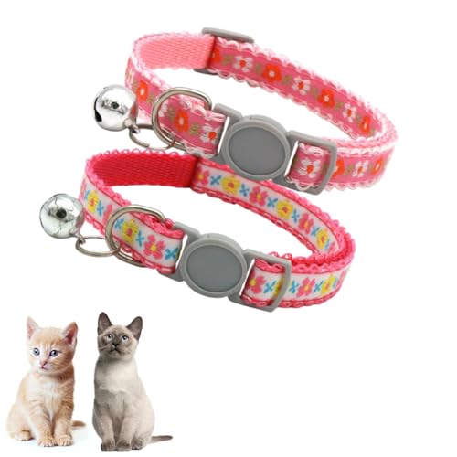 2 Pack Cat Collar with Bells, Pink HotPink Flower Collars for Cats Breakaway Safety Buckle Girl Kitten Collars with Bells Cute Fancy Boy Female for XXS XS Tiny Little Puppy Pet Dogs,Neck 7-12 Inch - color: Pink+HotPink