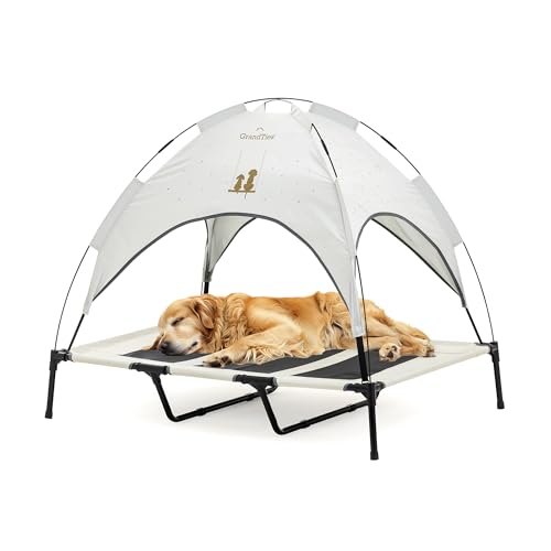 GrandTies Cooling Elevated Dog Bed with Canopy – XL Portable Pet Cot for Outdoor & Indoor Use – Waterproof Removable Shade, Breathable Mesh, Slip-Resistant Feet, Easy Assembly – Ivory White - color: Ivory White