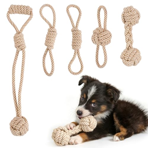 Dog Rope Toy for Small Dog 5pcs, Natural Chew Toys for Puppy, Medium & Small Dogs, Tug of War Rope for Puppies Clean & Relieve Teething - size: 5pcs