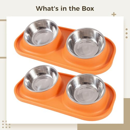 Cat and Dog Double Feeding Bowl Set with Non-Slip Silicone Base Mat, 15.9×8.7×3.1, Orange
