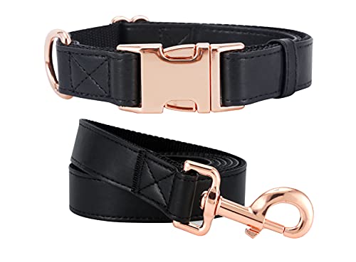 Dog Collar and Leash Set.Soft and Easy to Clean Vegan Leather with Rose Gold Metal Buckle for Small Medium Large Dogs (Black, S(12.2"-16.9")) - color: Black, size: S