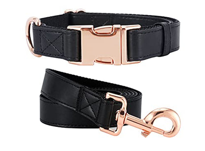 Dog Collar and Leash Set.Soft and Easy to Clean Vegan Leather with Rose Gold Metal Buckle for Small Medium Large Dogs (Black, M(13.8"-19.7")) - color: Black, size: M