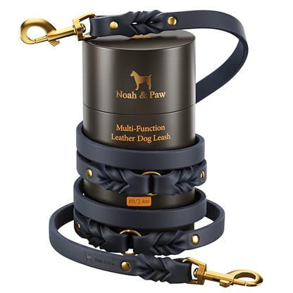 NOAH & PAW Leather Dog Leash, Premium Oil-Waxed Leather Braided, 8 ft Long Dog Leash with 6 Ways to Use Hands-Free, Quick-tie, Double Pet Lead Etc. Matching Collar Available. (Dark Blue) - color: Dark Blue