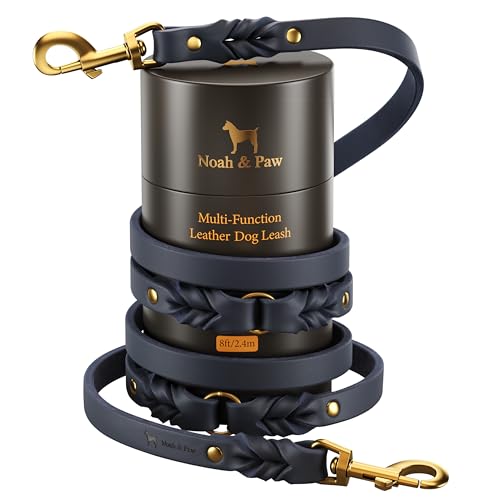 NOAH & PAW Leather Dog Leash, Premium Oil-Waxed Leather Braided, 8 ft Long Dog Leash with 6 Ways to Use Hands-Free, Quick-tie, Double Pet Lead Etc. Matching Collar Available. (Dark Blue) - color: Dark Blue